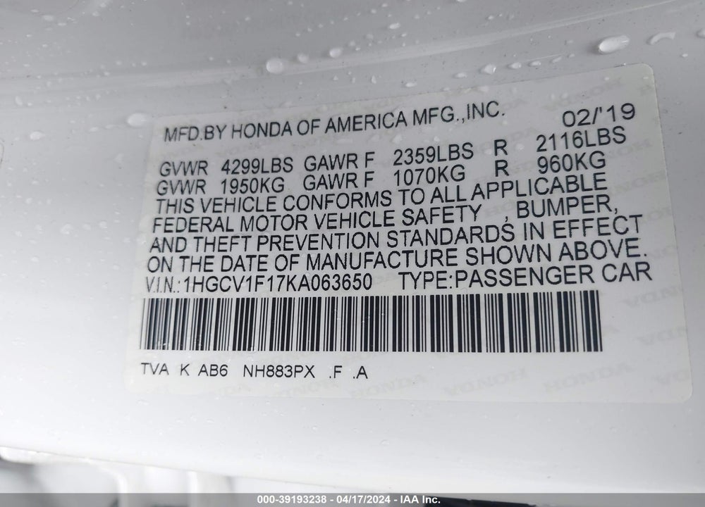 2019 HONDA ACCORD LX VIN: 1HGCV1F17KA063650