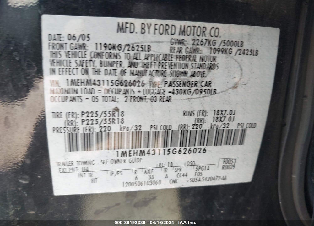 2005 MERCURY MONTEGO PREMIER VIN: 1MEHM43115G626026