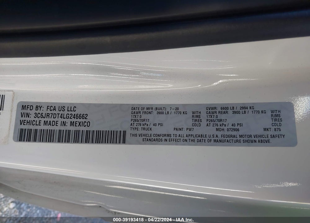 2020 RAM 1500 CLASSIC TRADESMAN REGULAR CAB 4X4 8' BOX VIN: 3C6JR7DT4LG246662