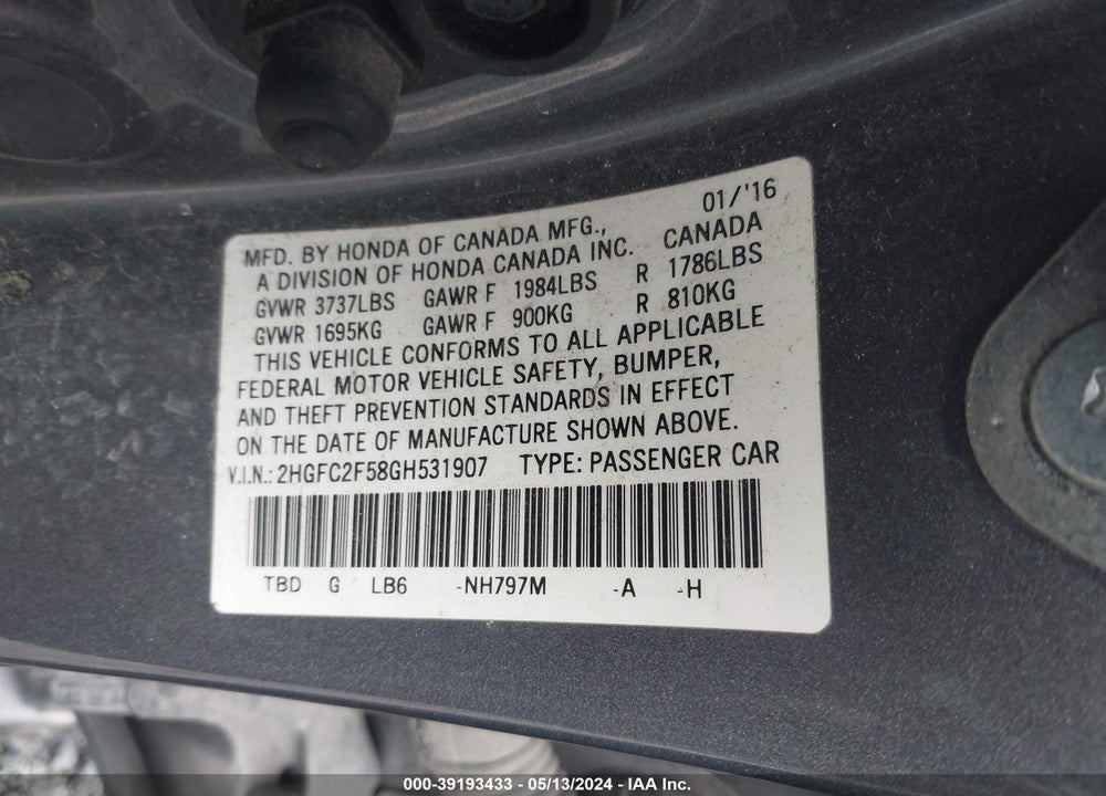 2016 HONDA CIVIC LX VIN: 2HGFC2F58GH531907