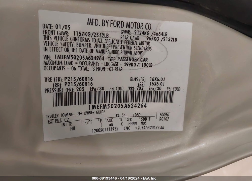 2005 MERCURY SABLE GS VIN: 1MEFM50205A624264