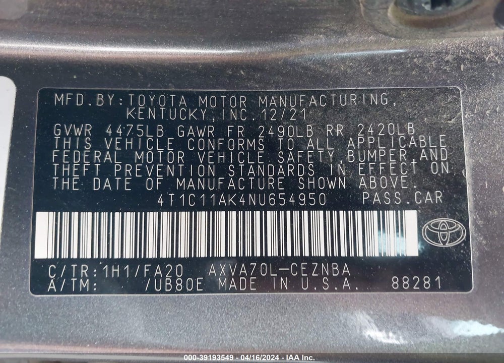 2022 TOYOTA CAMRY LE VIN: 4T1C11AK4NU654950