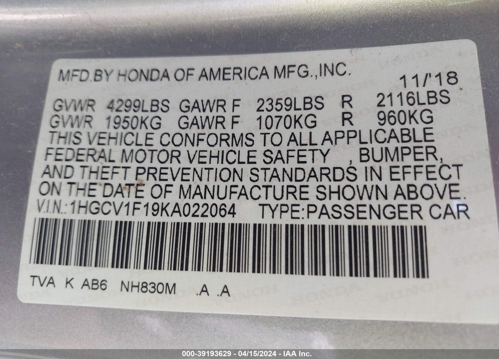 2019 HONDA ACCORD LX VIN: 1HGCV1F19KA022064