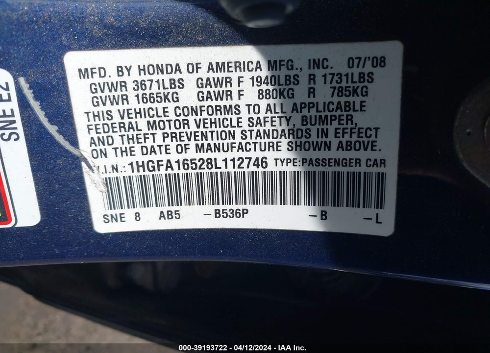 2008 HONDA CIVIC LX VIN: 1HGFA16528L112746