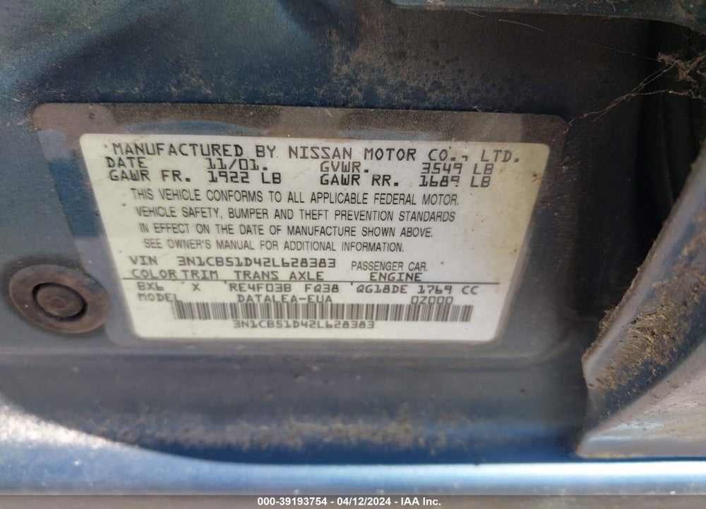 2002 NISSAN SENTRA GXE VIN: 3N1CB51D42L628383