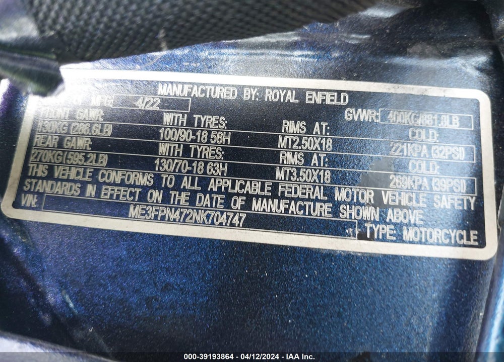 2022 ROYAL ENFIELD MOTORS INT 650 VIN: ME3FPN472NK704747