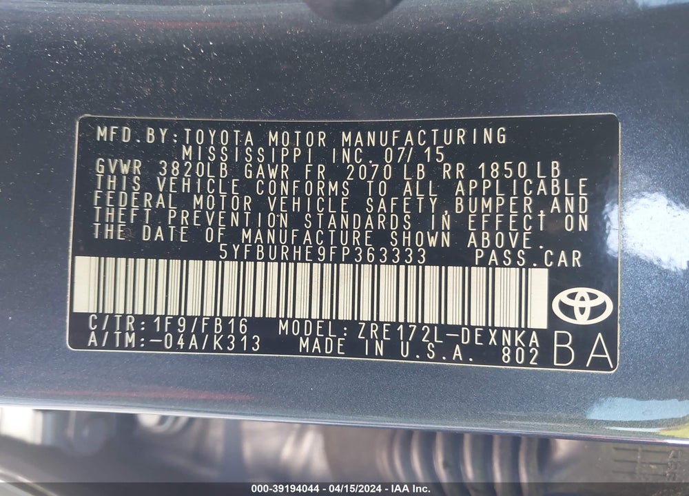 2015 TOYOTA COROLLA VIN: 5YFBURHE9FP363333