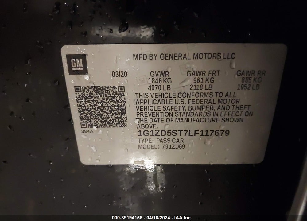 2020 CHEVROLET MALIBU FWD LT VIN: 1G1ZD5ST7LF117679