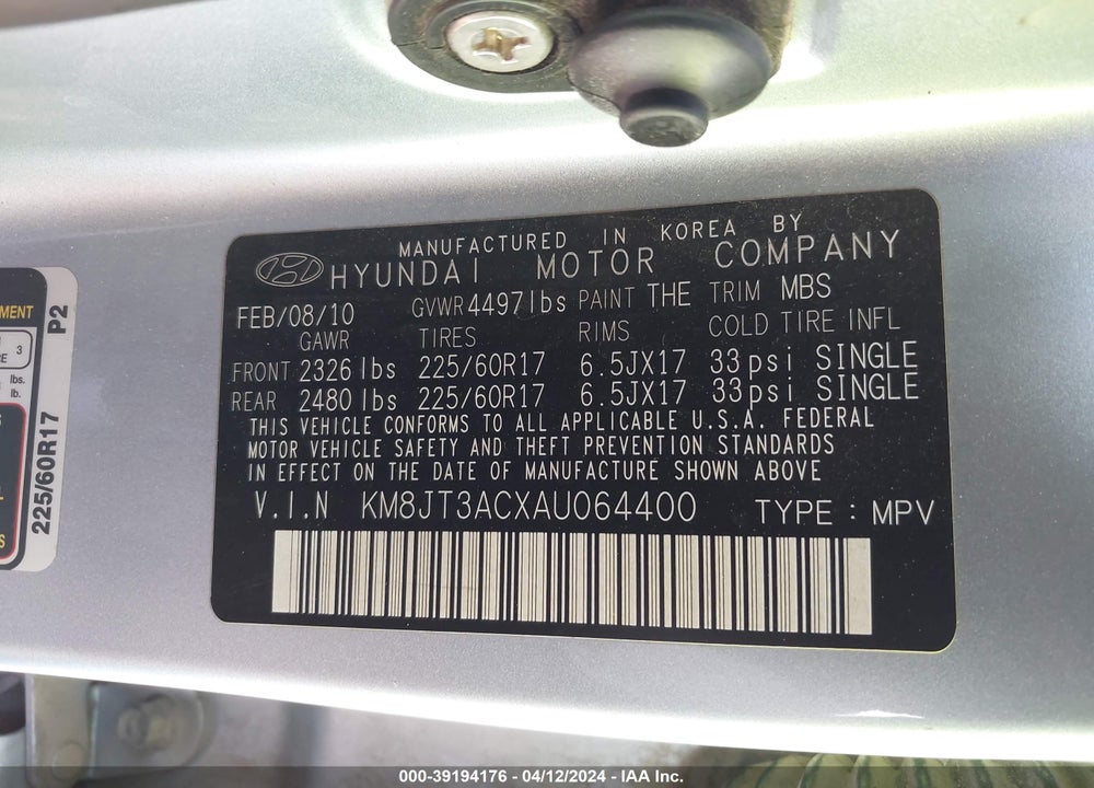 2010 HYUNDAI TUCSON GLS VIN: KM8JT3ACXAU064400