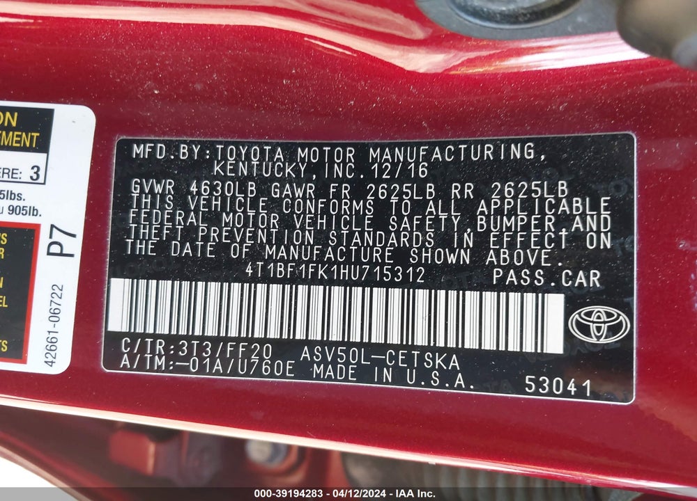 2017 TOYOTA CAMRY SE VIN: 4T1BF1FK1HU715312
