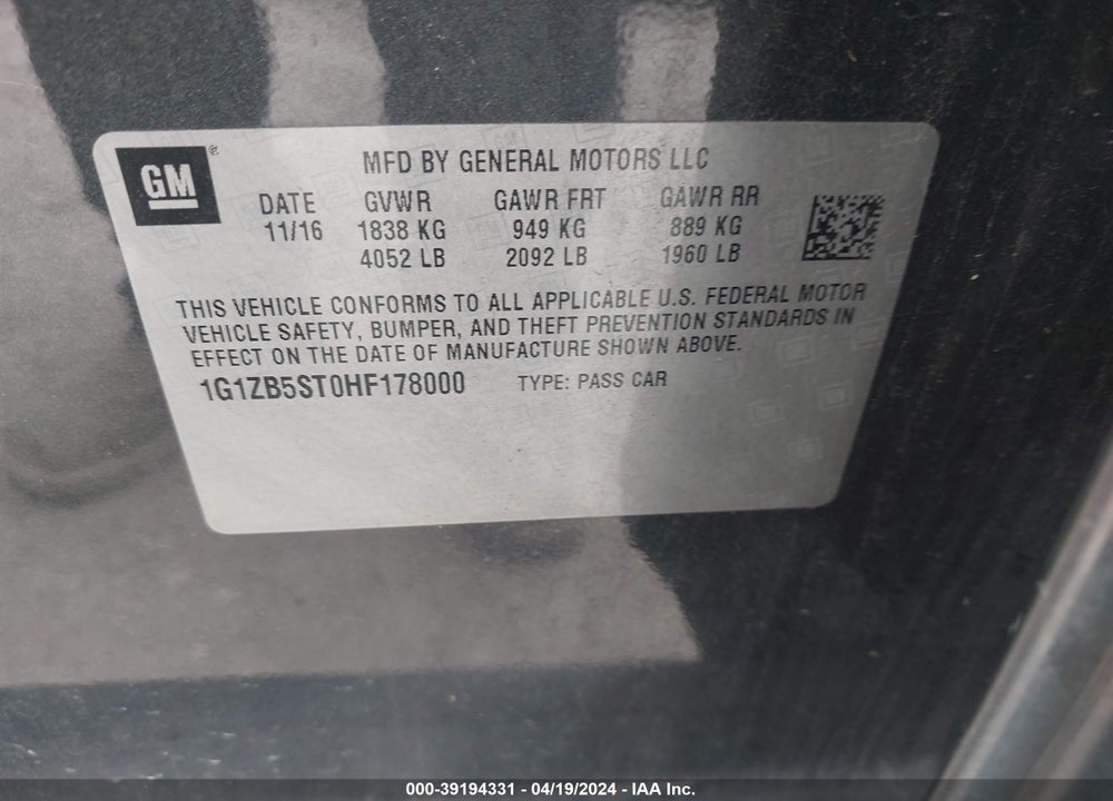 2017 CHEVROLET MALIBU VIN: 1G1ZB5ST0HF178000