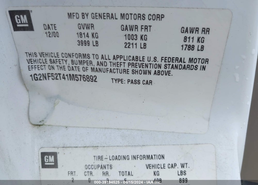2001 PONTIAC GRAND AM VIN: 1G2NF52T41M576892