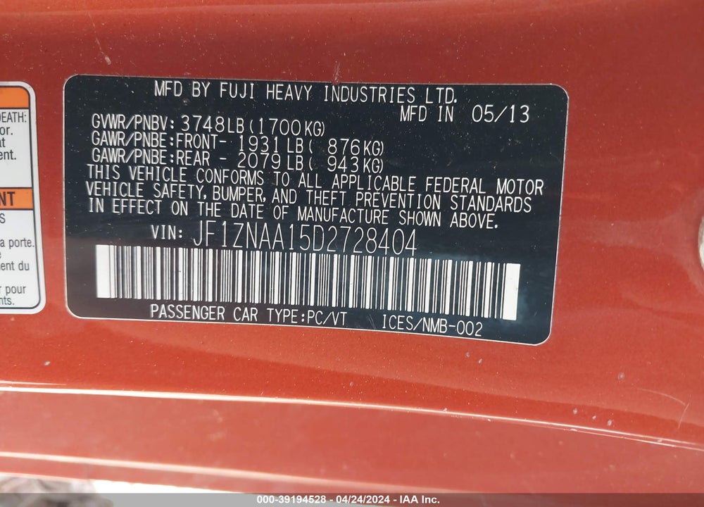 2013 SCION FR-S VIN: JF1ZNAA15D2728404