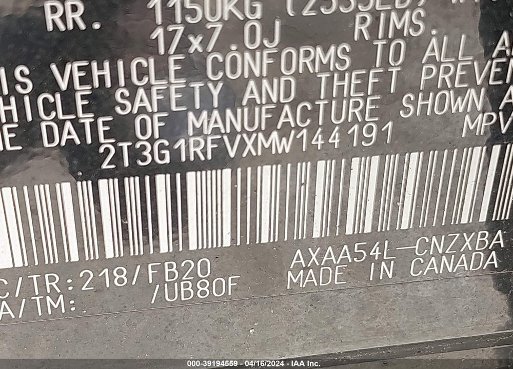 2021 TOYOTA RAV4 LE VIN: 2T3G1RFVXMW144191