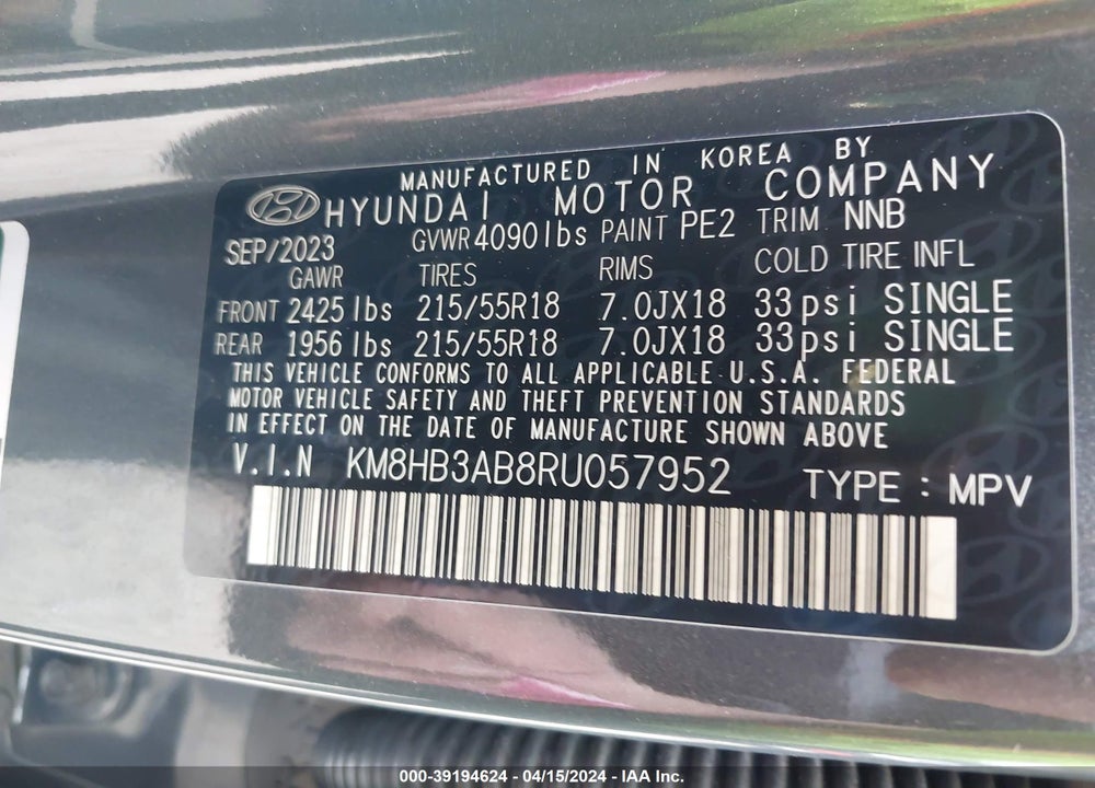 2024 HYUNDAI KONA SEL VIN: KM8HB3AB8RU057952
