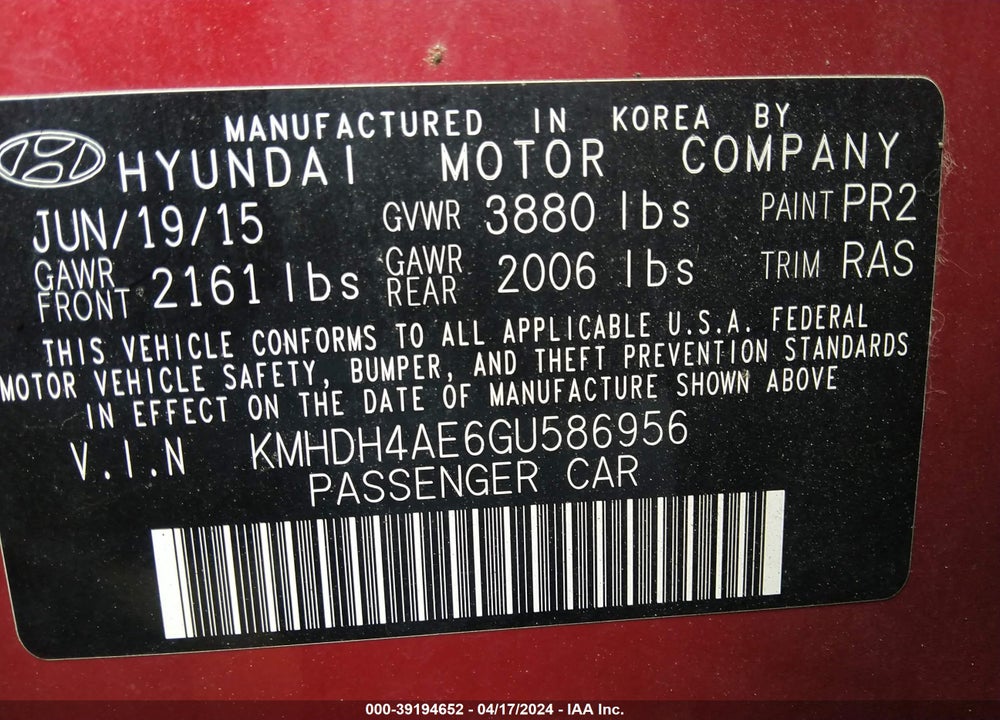 2016 HYUNDAI ELANTRA SE VIN: KMHDH4AE6GU586956