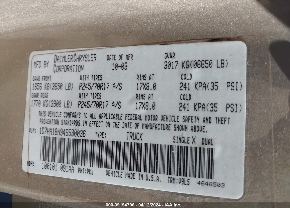 2004 DODGE RAM 1500 VIN: 1D7HA18N94S530036