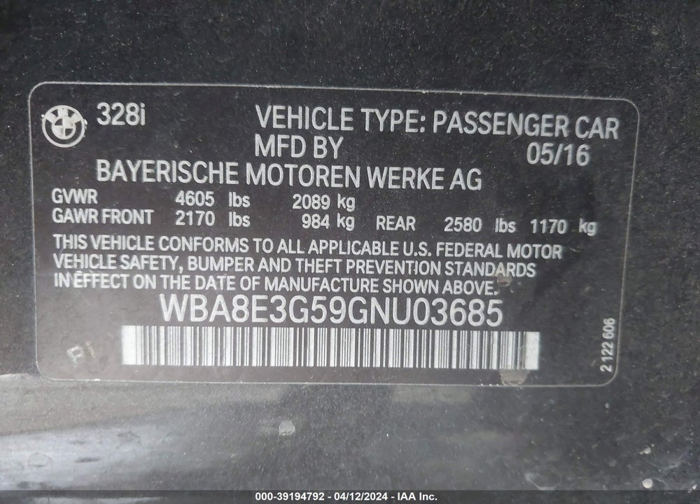 2016 BMW 328I XDRIVE VIN: WBA8E3G59GNU03685