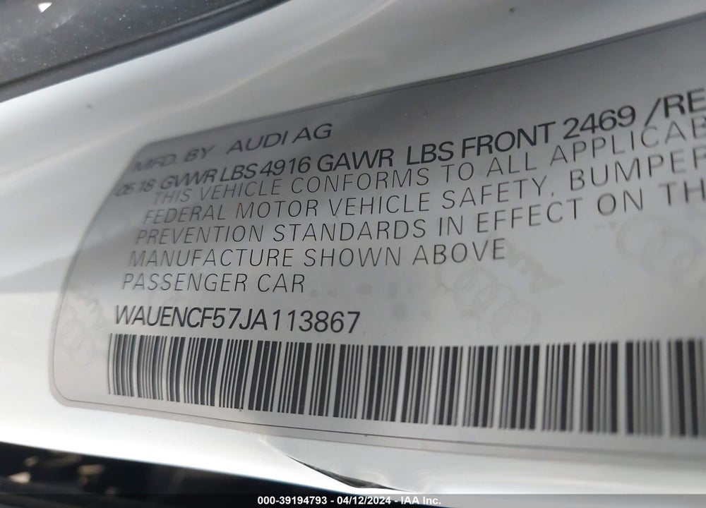 2018 AUDI A5 2.0T PREMIUM VIN: WAUENCF57JA113867