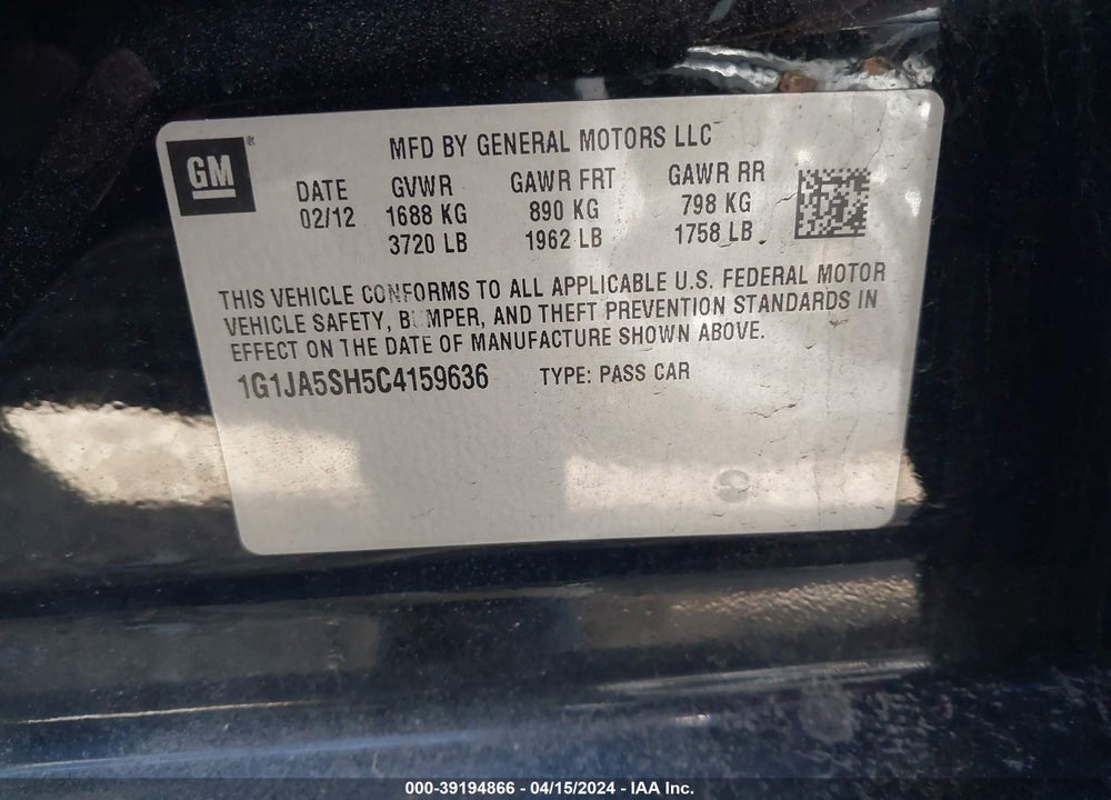 2012 CHEVROLET SONIC 2LS VIN: 1G1JA5SH5C4159636