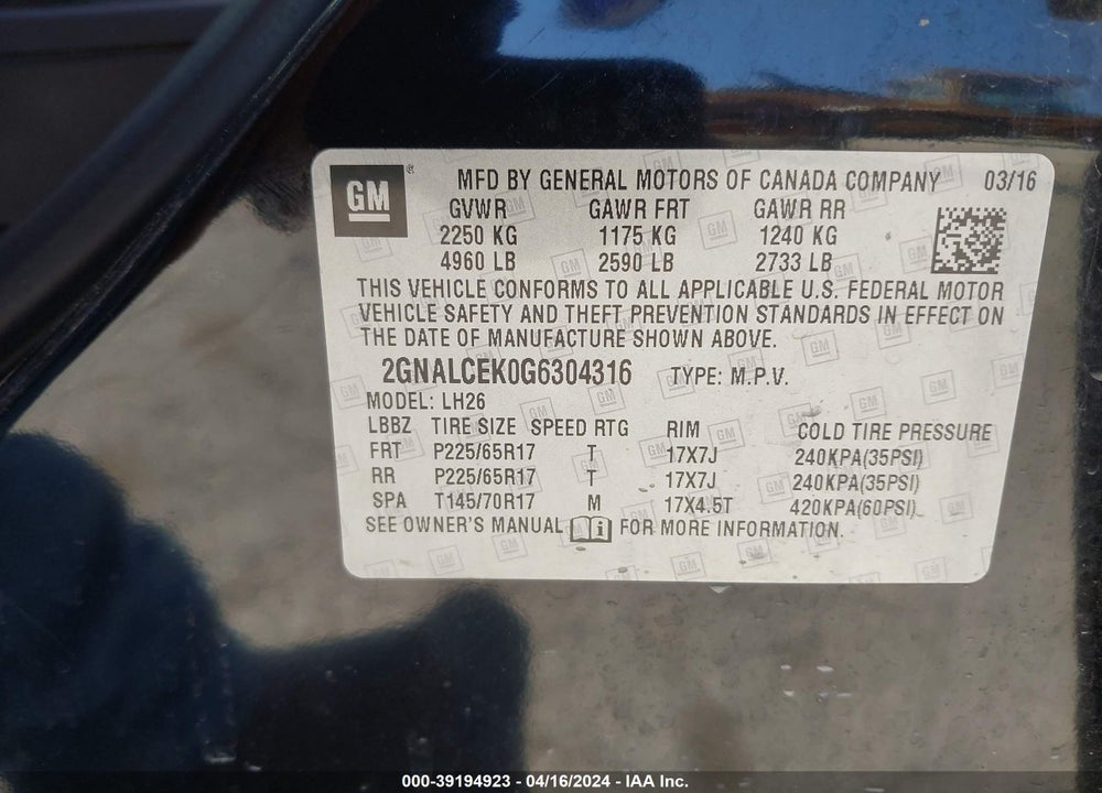 2016 CHEVROLET EQUINOX LT VIN: 2GNALCEK0G6304316