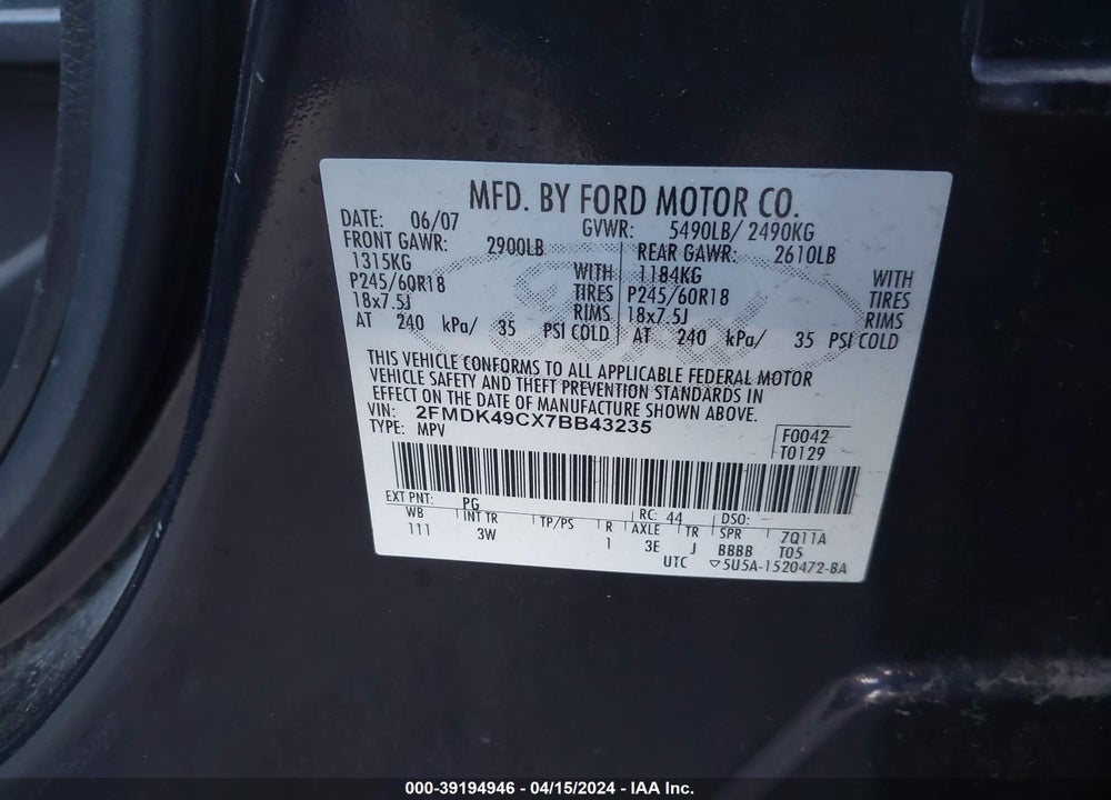2007 FORD EDGE SEL PLUS VIN: 2FMDK49CX7BB43235