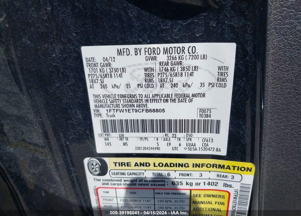 2012 FORD F-150 XLT VIN: 1FTFW1ET9CFB68805