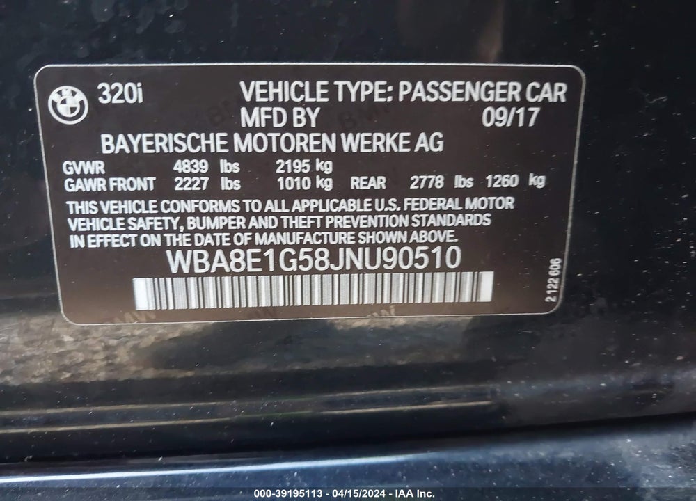 2018 BMW 320I VIN: WBA8E1G58JNU90510