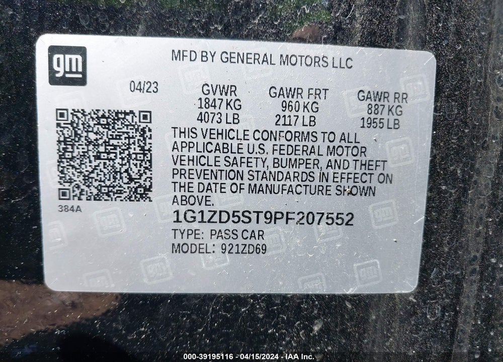 2023 CHEVROLET MALIBU FWD 1LT VIN: 1G1ZD5ST9PF207552