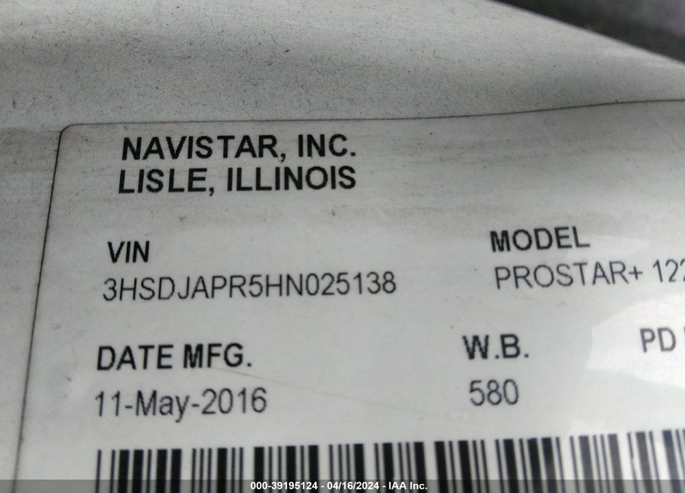 2017 INTERNATIONAL PROSTAR VIN: 3HSDJAPR5HN025138