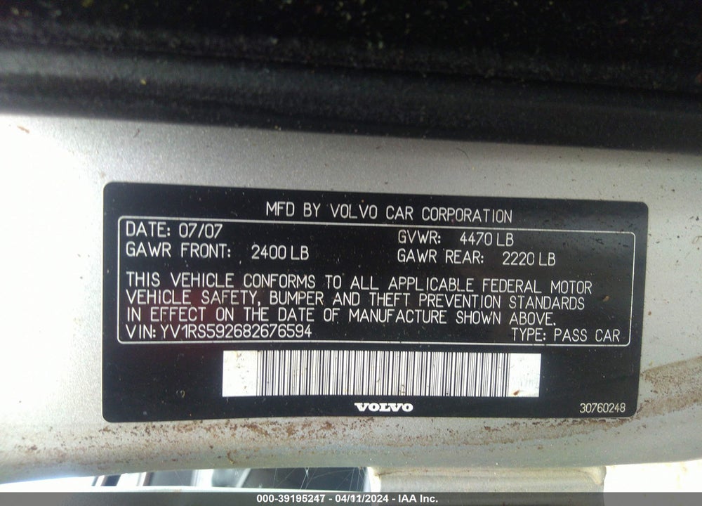 2008 VOLVO S60 2.5T VIN: YV1RS592682676594