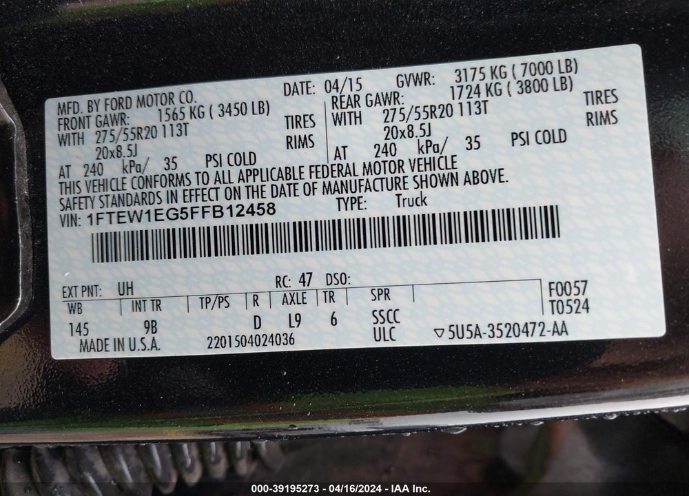 2015 FORD F-150 PLATINUM VIN: 1FTEW1EG5FFB12458