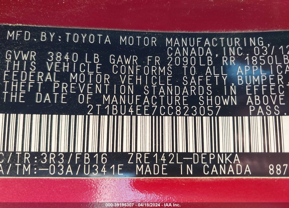 2012 TOYOTA COROLLA LE VIN: 2T1BU4EE7CC823057