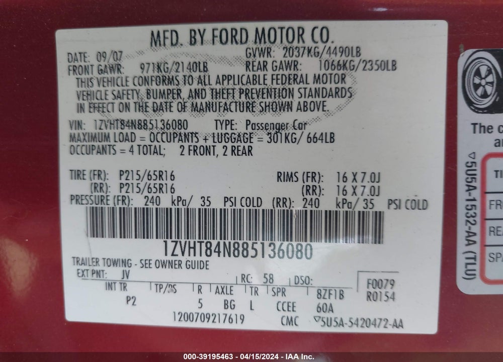 2008 FORD MUSTANG V6 DELUXE/V6 PREMIUM VIN: 1ZVHT84N885136080