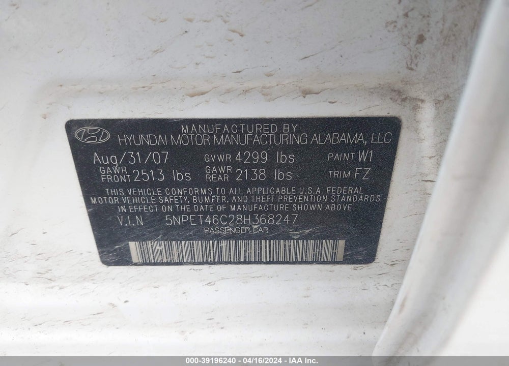 2008 HYUNDAI SONATA GLS VIN: 5NPET46C28H368247