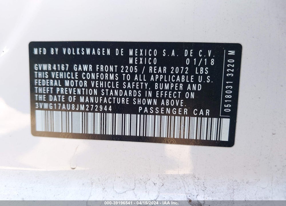 2018 VOLKSWAGEN GOLF TSI S/TSI SE VIN: 3VWG17AU8JM272944