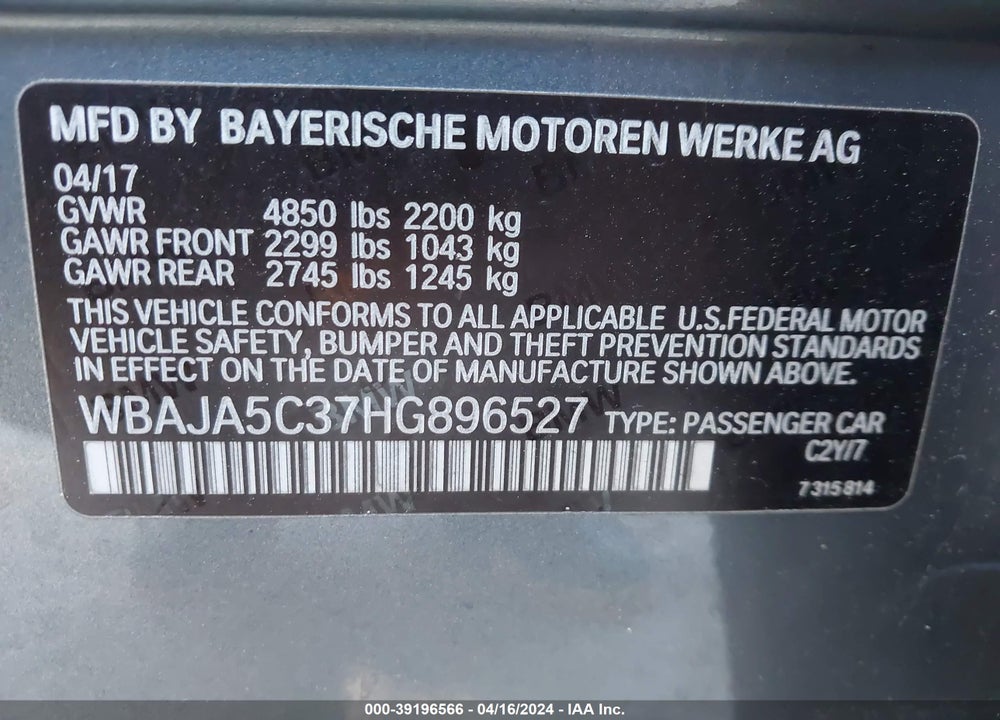2017 BMW 530I VIN: WBAJA5C37HG896527