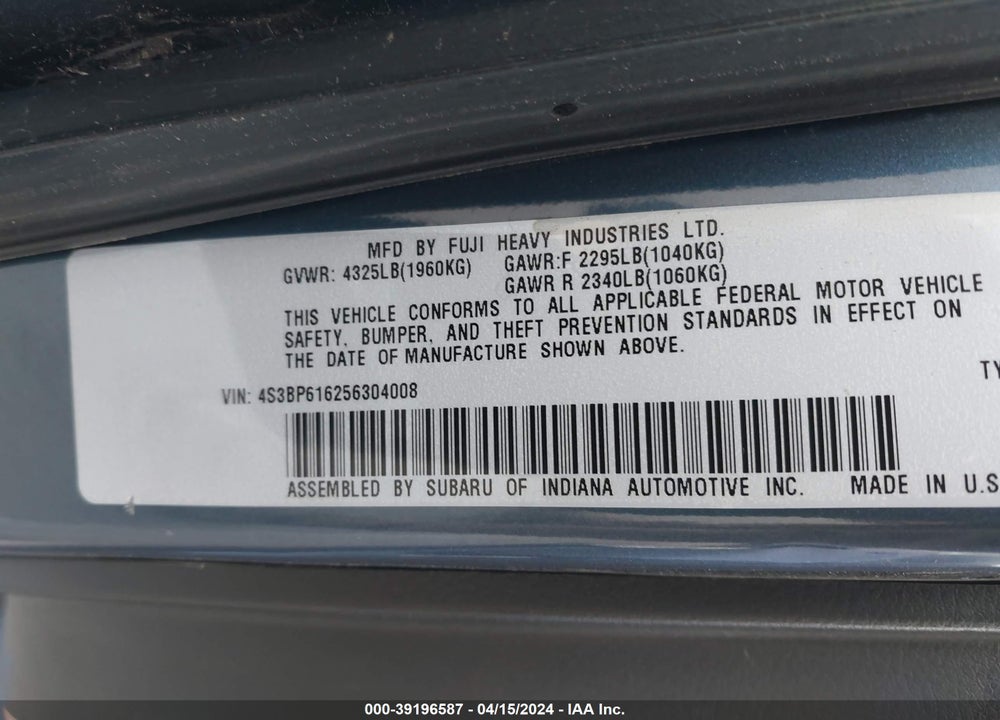 2005 SUBARU LEGACY 2.5I VIN: 4S3BP616256304008