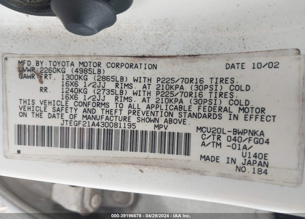 2003 TOYOTA HIGHLANDER V6 (A4) VIN: JTEGF21A430081195