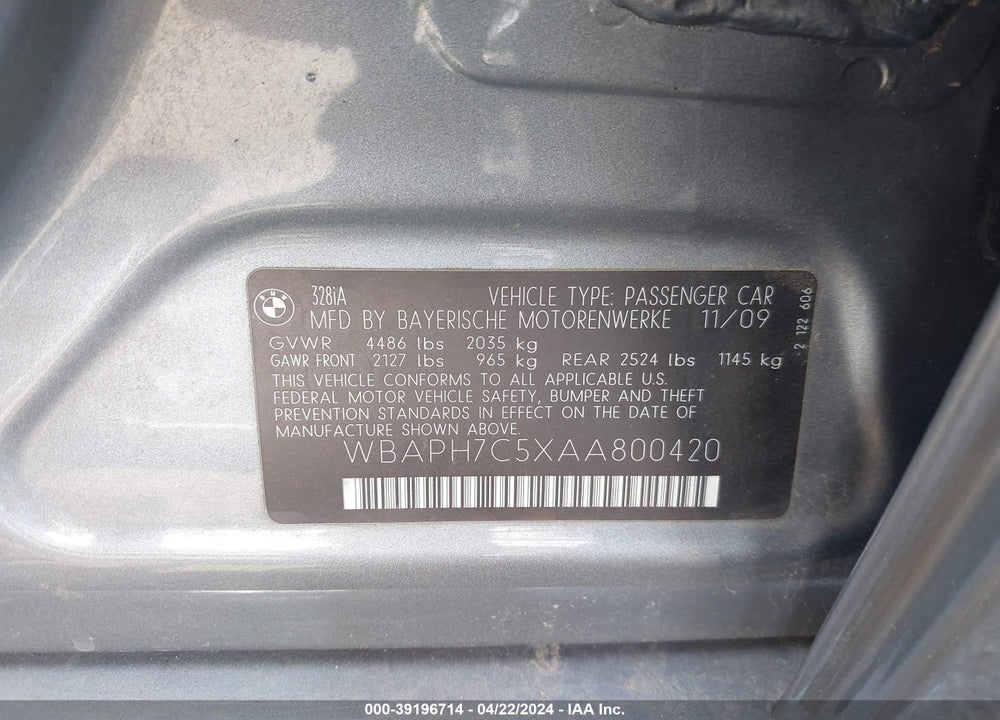 2010 BMW 328I VIN: WBAPH7C5XAA800420