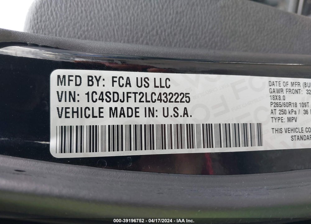 2020 DODGE DURANGO PURSUIT AWD VIN: 1C4SDJFT2LC432225