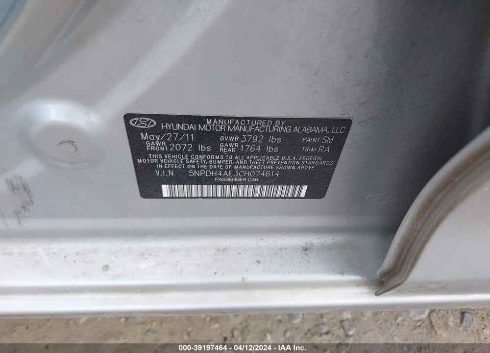 2012 HYUNDAI ELANTRA GLS VIN: 5NPDH4AE3CH074614