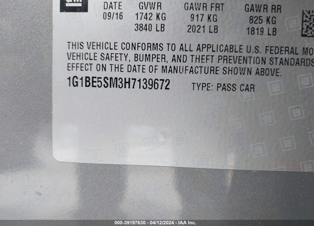 2017 CHEVROLET CRUZE LT AUTO VIN: 1G1BE5SM3H7139672