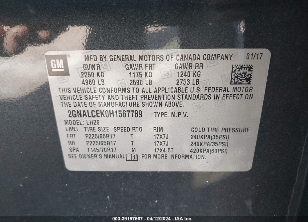 2017 CHEVROLET EQUINOX LT VIN: 2GNALCEK0H1567789