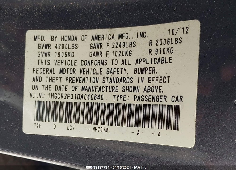 2013 HONDA ACCORD LX VIN: 1HGCR2F31DA040640
