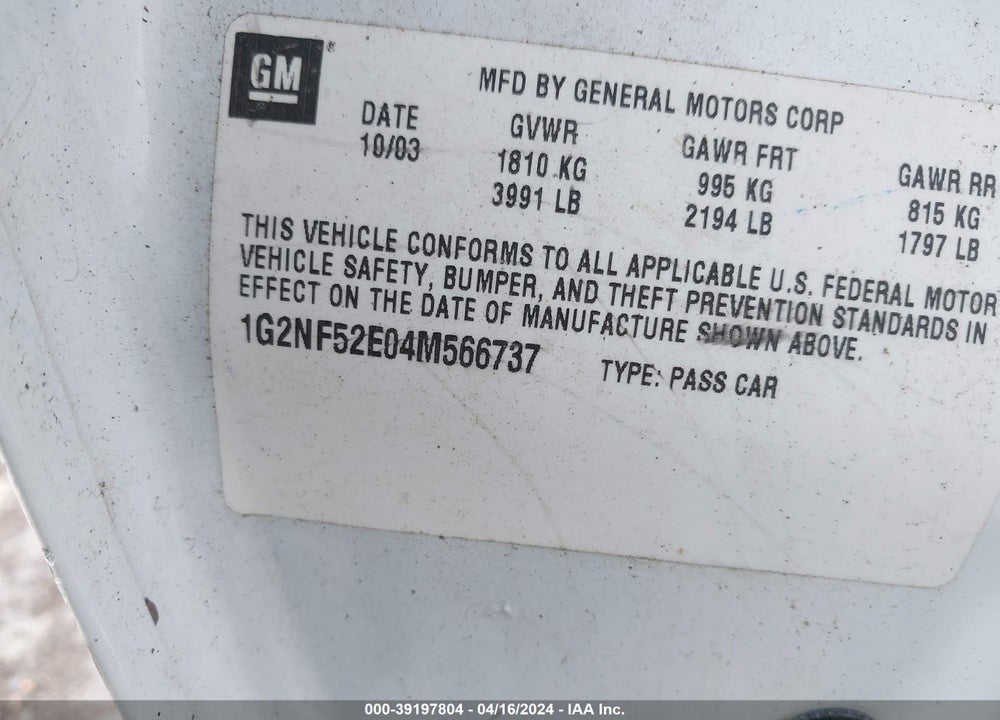 2004 PONTIAC GRAND AM SE1 VIN: 1G2NF52E04M566737