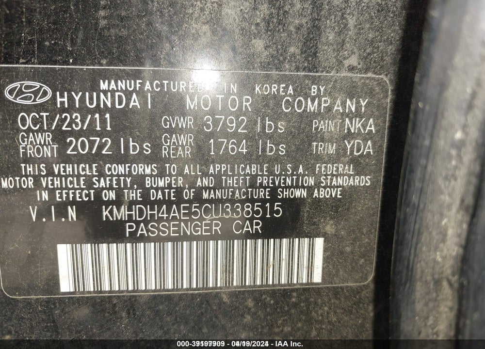 2012 HYUNDAI ELANTRA GLS (ULSAN PLANT) VIN: KMHDH4AE5CU338515