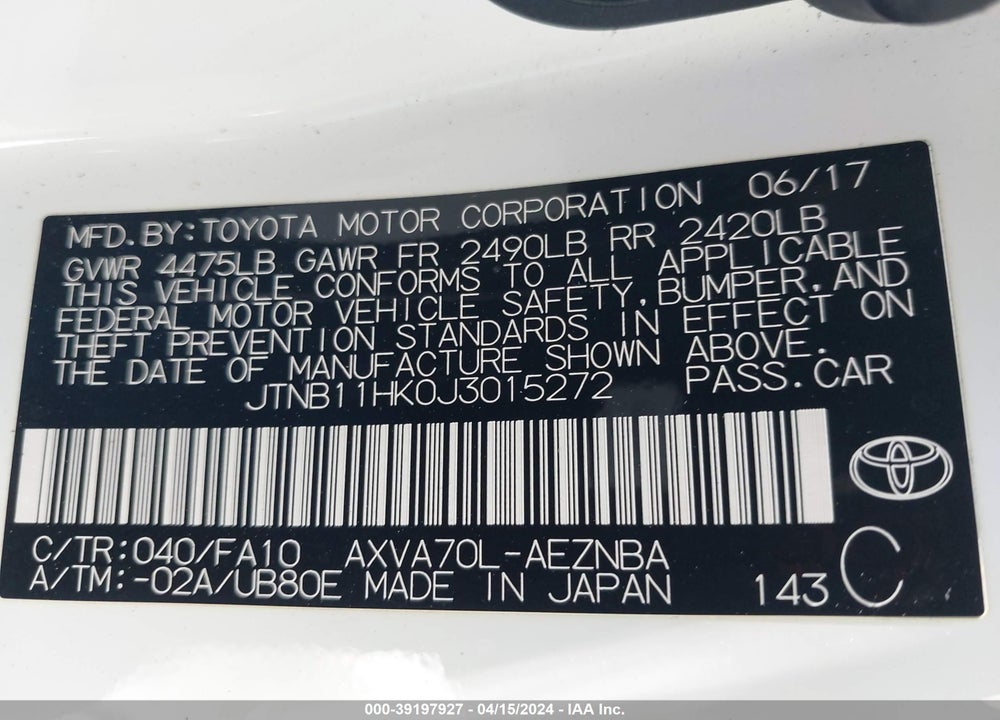 2018 TOYOTA CAMRY LE VIN: JTNB11HK0J3015272