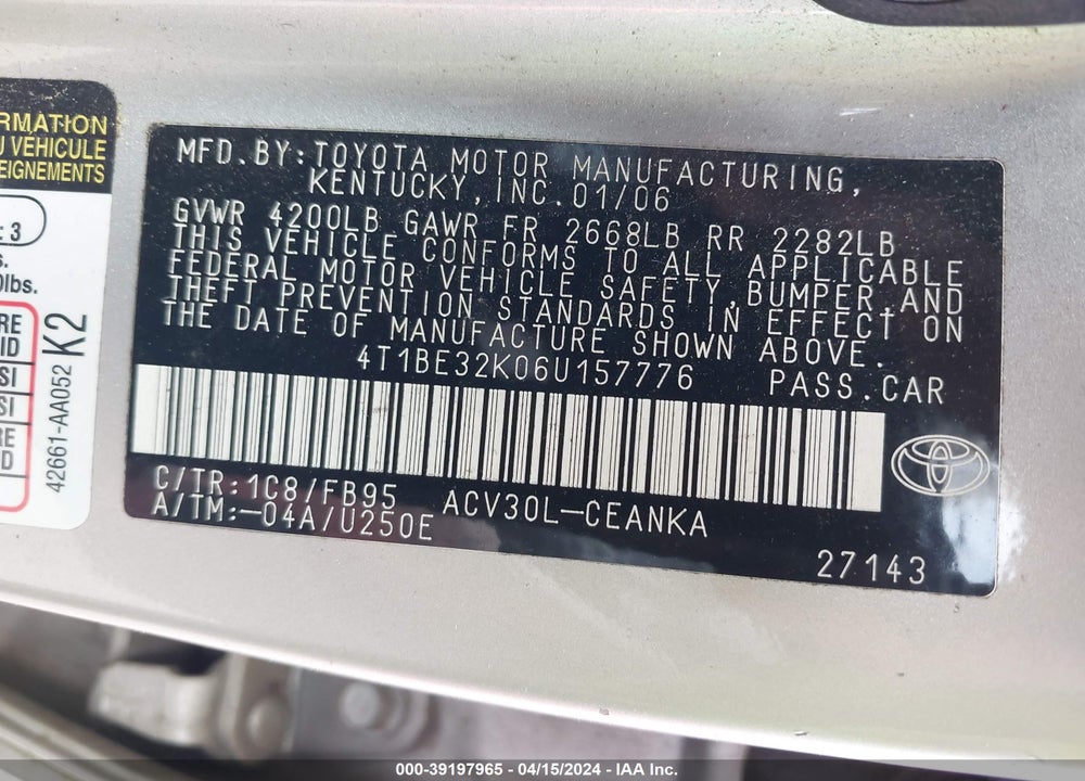 2006 TOYOTA CAMRY LE VIN: 4T1BE32K06U157776