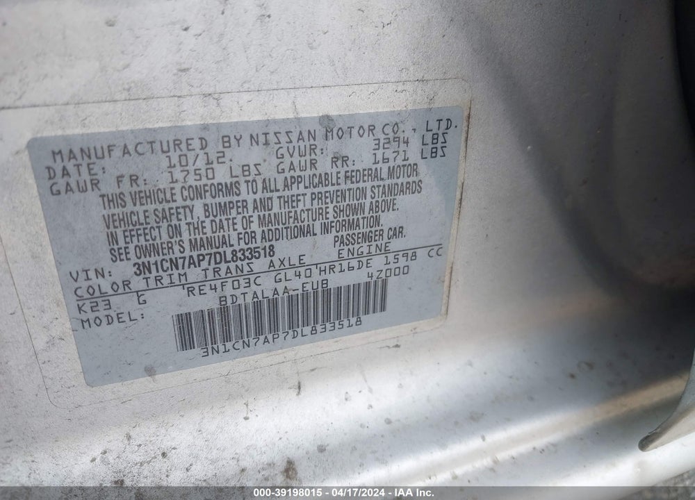2013 NISSAN VERSA 1.6 S+ VIN: 3N1CN7AP7DL833518